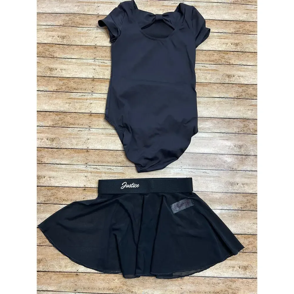 Justice Black Bow Back Dance Leotard w Sheer Skirt Girls Size XS (5/6)